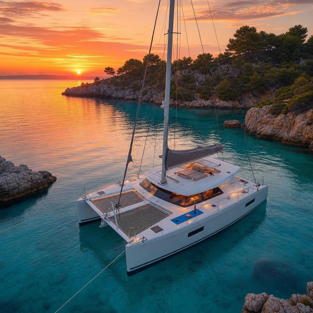 Katamaran in kroatischer Bucht bei Sonnenuntergang
